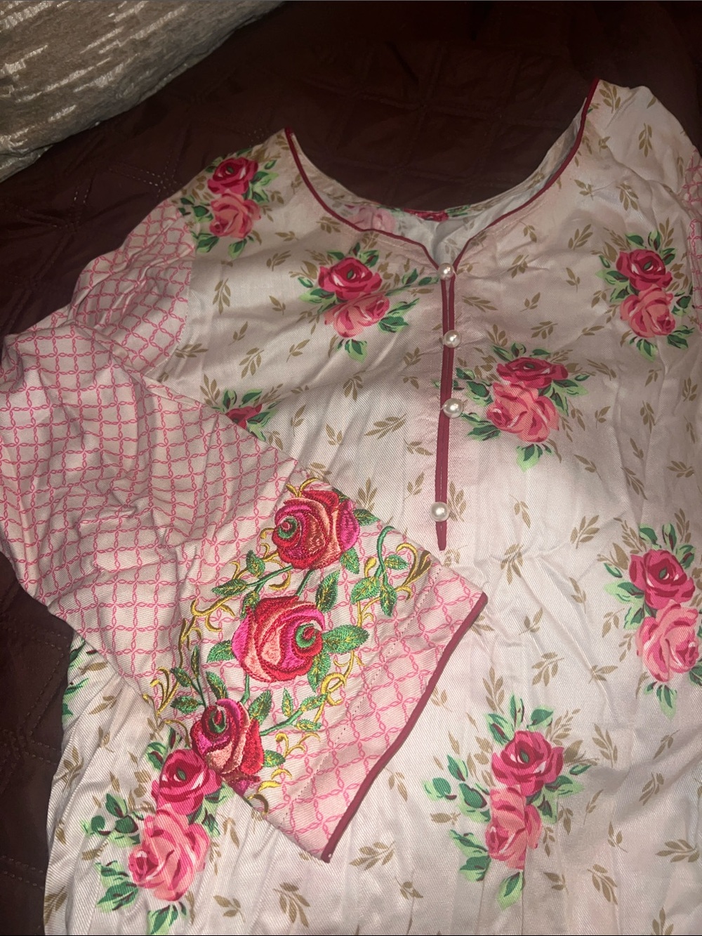 Women's Pink Floral Pearl detail Front Top